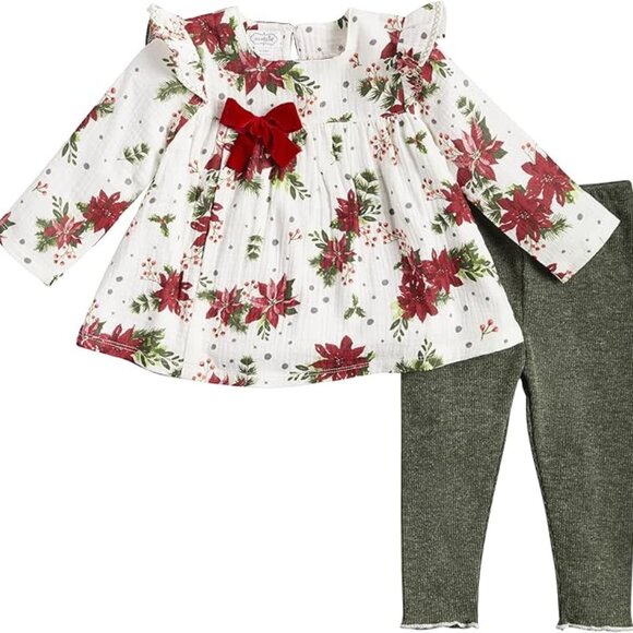 Mud Pie Other - Mud Pie Baby Girl Christmas Poinsettia Tunic & Leggings Set NEW